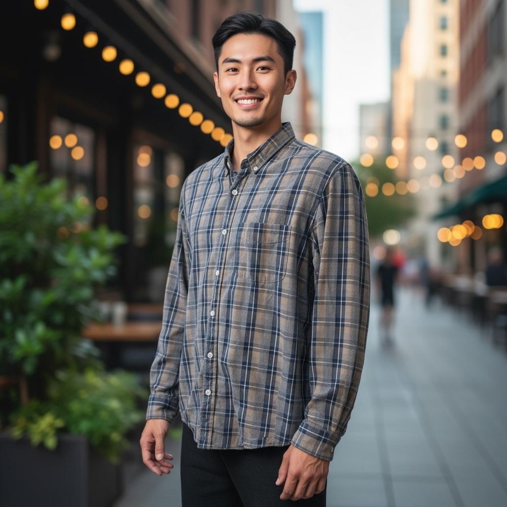 J. Crew Navy and Beige Plaid Men's Shirt